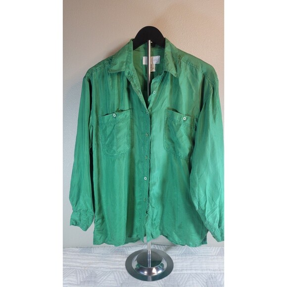 Bogari 100% Silk Button Down Shirt Green Long Sleeve Pockets Small Vintage Y2K - Picture 5 of 9